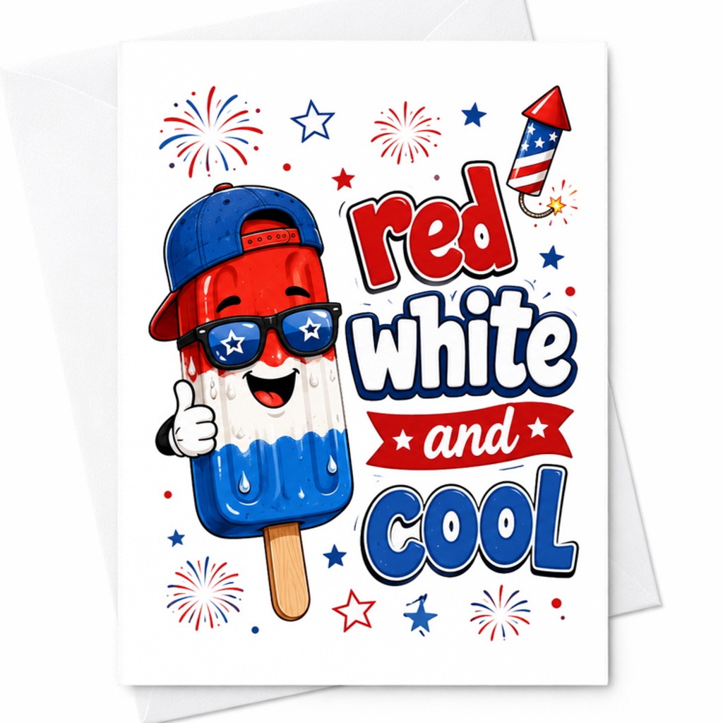 Red White And Cool Funny 4th Of July Card Patriotic Popsicle Fireworks Americana Summer Card C1772