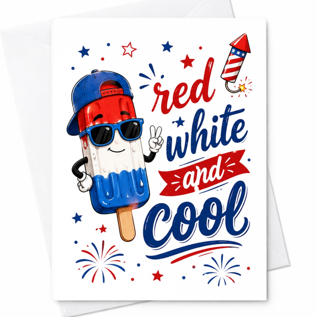 Red White And Cool Funny 4th Of July Card Patriotic Popsicle Fireworks Americana Summer C1773