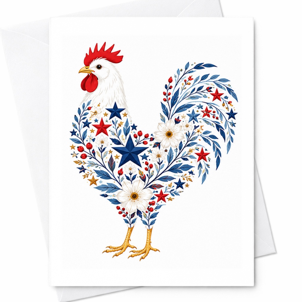 Patriotic Floral Rooster 4th Of July Card Americana Farmhouse Chicken Independence Day Art Card C1774