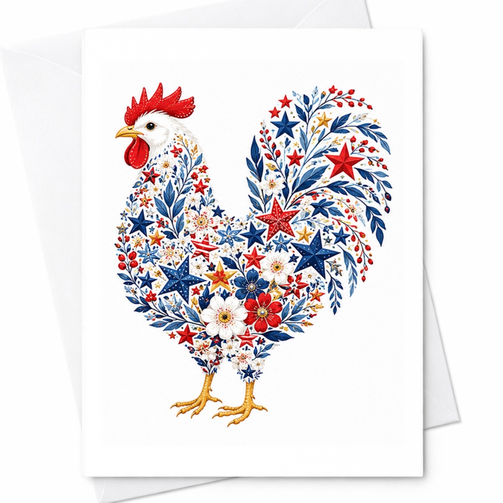 Patriotic Floral Rooster 4th Of July Card Americana Farmhouse Chicken Independence Day Art C1775