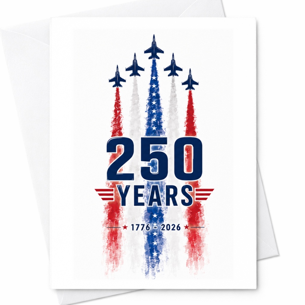250 Years Patriotic Jet Flyover 4th Of July Card Americana Aviation Independence Day Celebration Card C1778