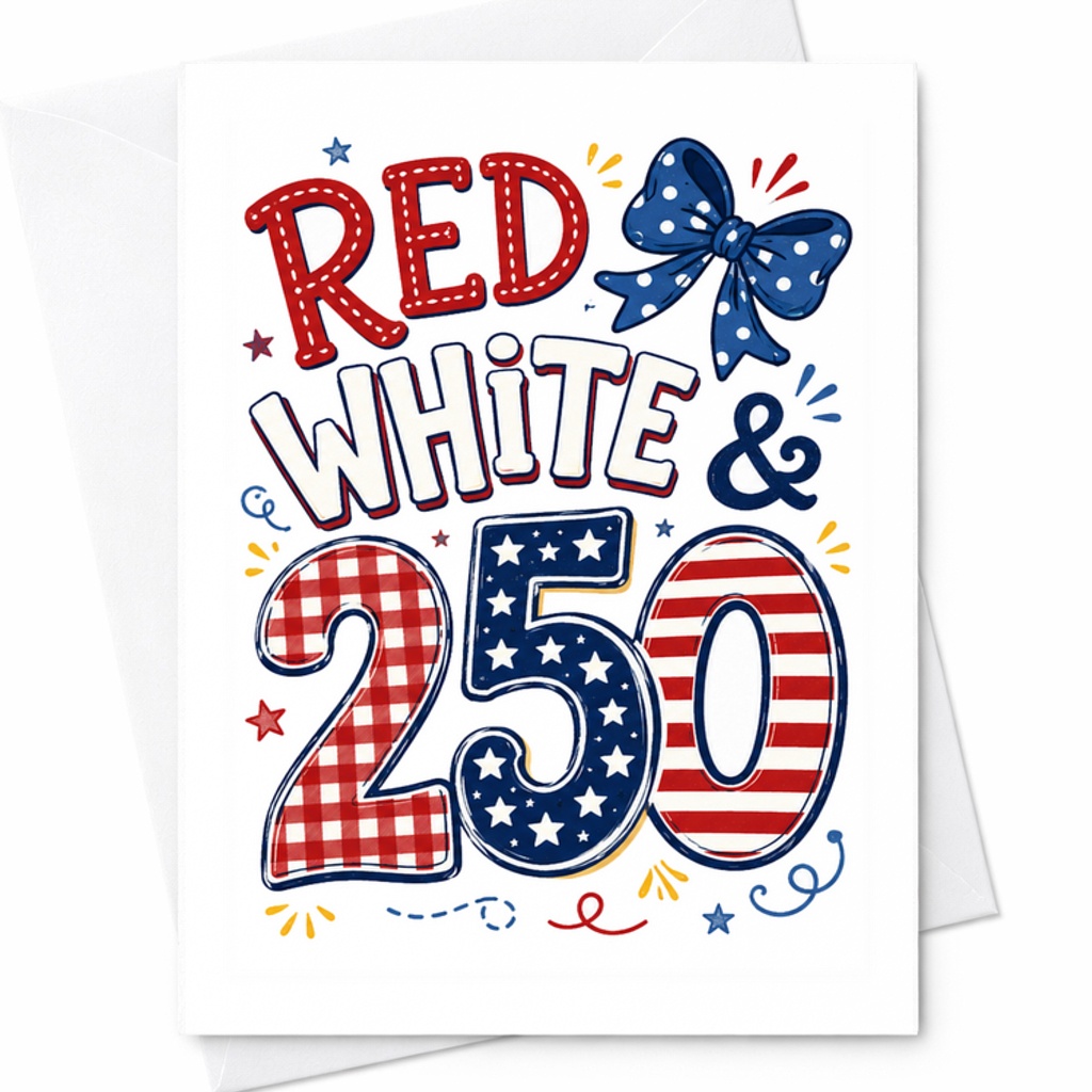 Red White And 250 Patriotic 4th Of July Card Americana Stars Stripes Independence Day Celebration C1777