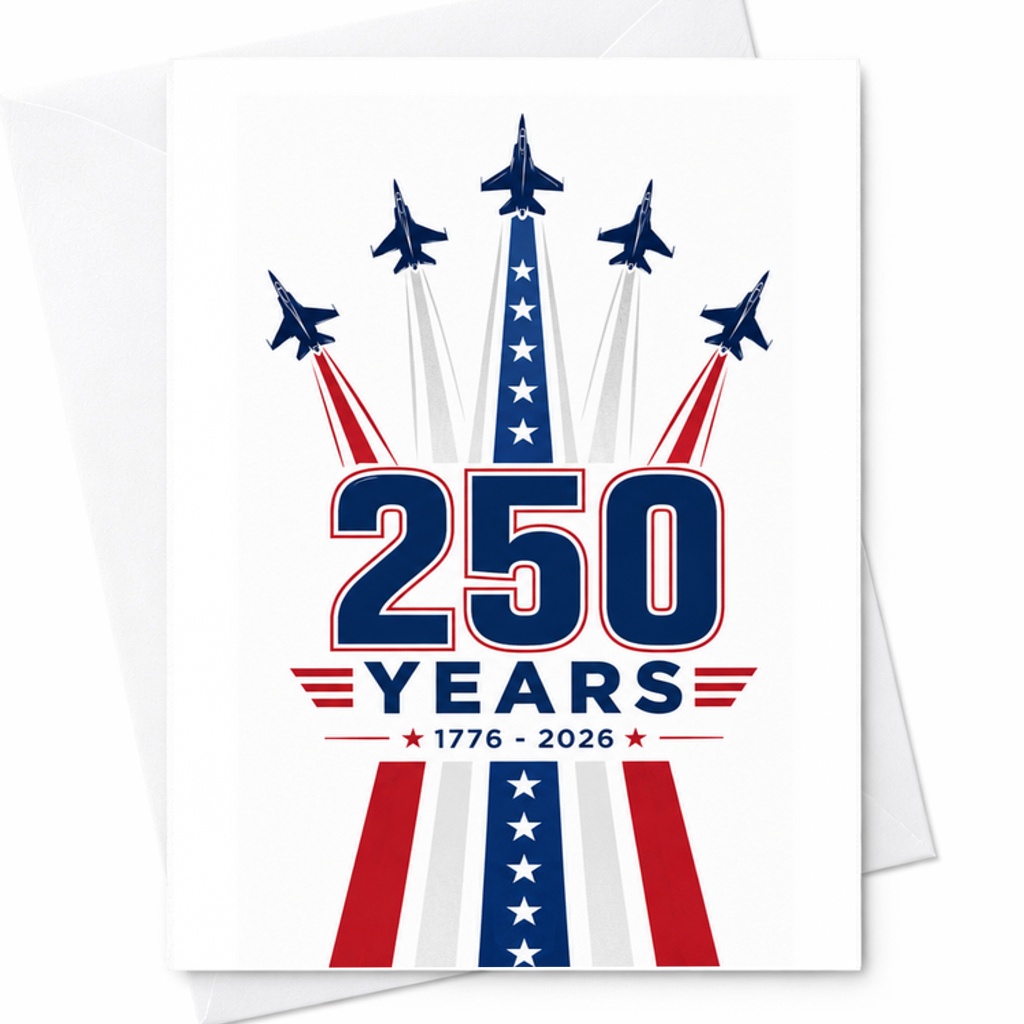 250 Years Patriotic Jet Flyover 4th Of July Card Americana Aviation Independence Day Celebration C1779