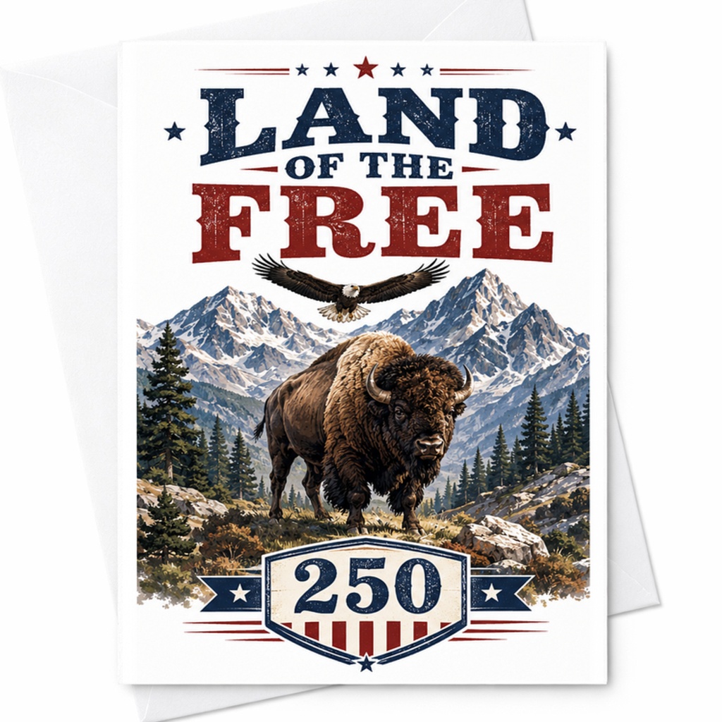 Land Of The Free Patriotic Buffalo 250 Americana 4th Of July Independence Day Mountain Card C1782