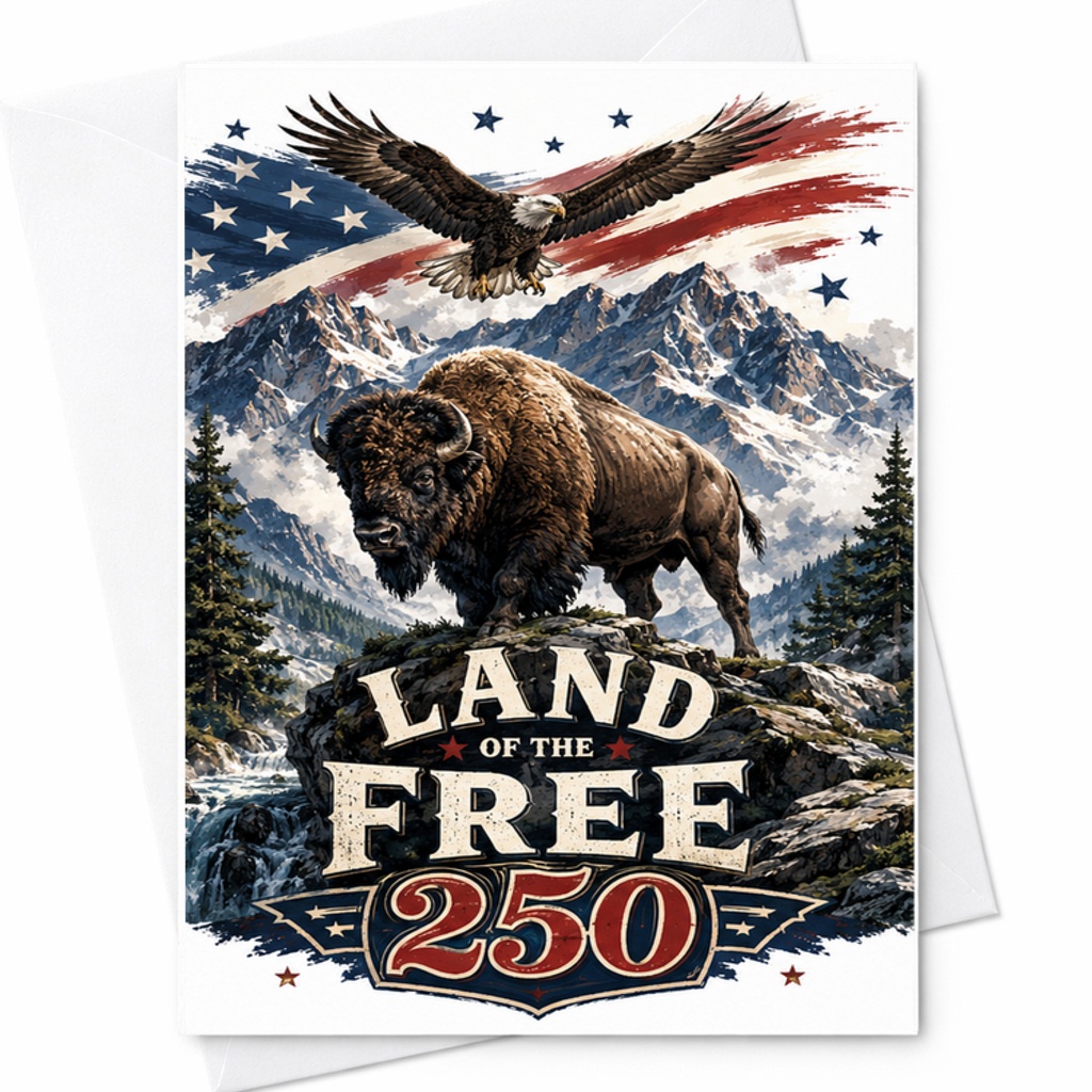 Land Of The Free 250 Patriotic Buffalo Eagle 4th Of July Americana Mountain Freedom Card C1783