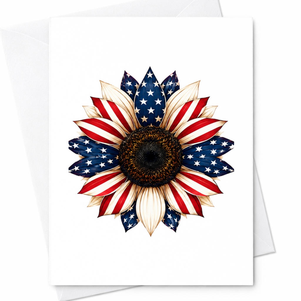 Patriotic Sunflower 4th Of July Card Americana Stars And Stripes Floral Independence Day Art Card C1784