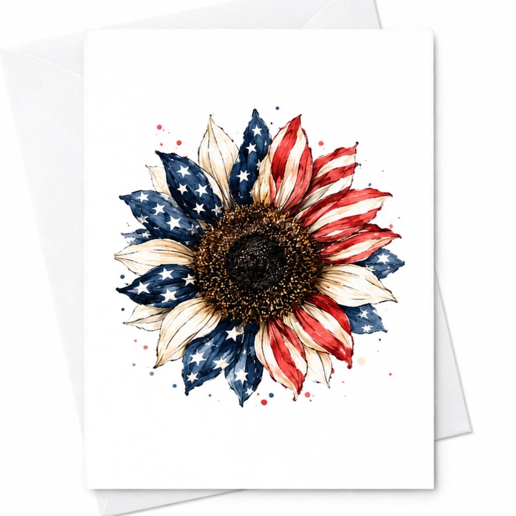 Patriotic Sunflower 4th Of July Card Americana Stars And Stripes Floral Independence Day Art C1785