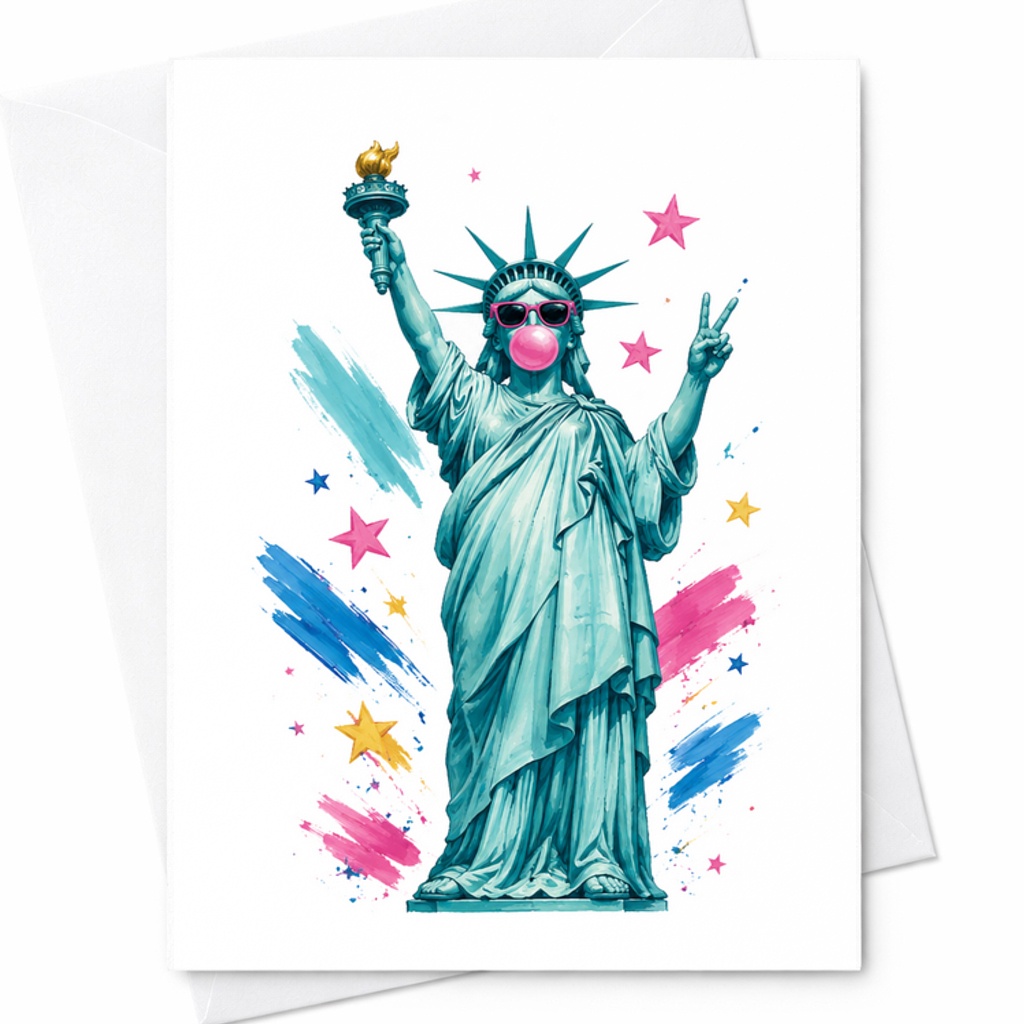 Patriotic Statue Of Liberty Bubblegum 4th Of July Card Fun Americana Independence Day Art Card C1788