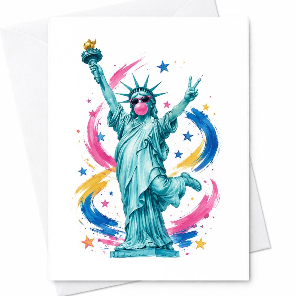 Patriotic Statue Of Liberty Bubblegum 4th Of July Card Fun Americana Independence Day Art C1789