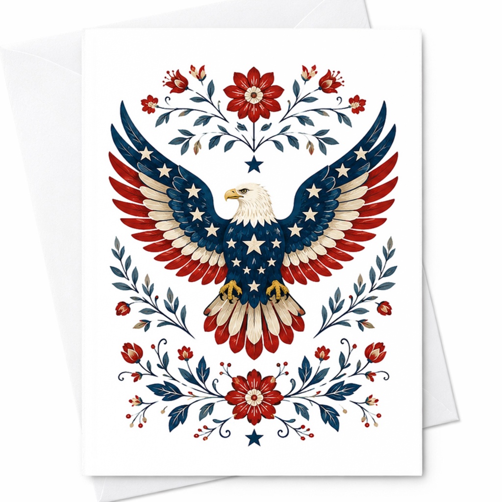Patriotic Folk Art Eagle 4th Of July Card Americana Floral Stars And Stripes Freedom Art Card C1790
