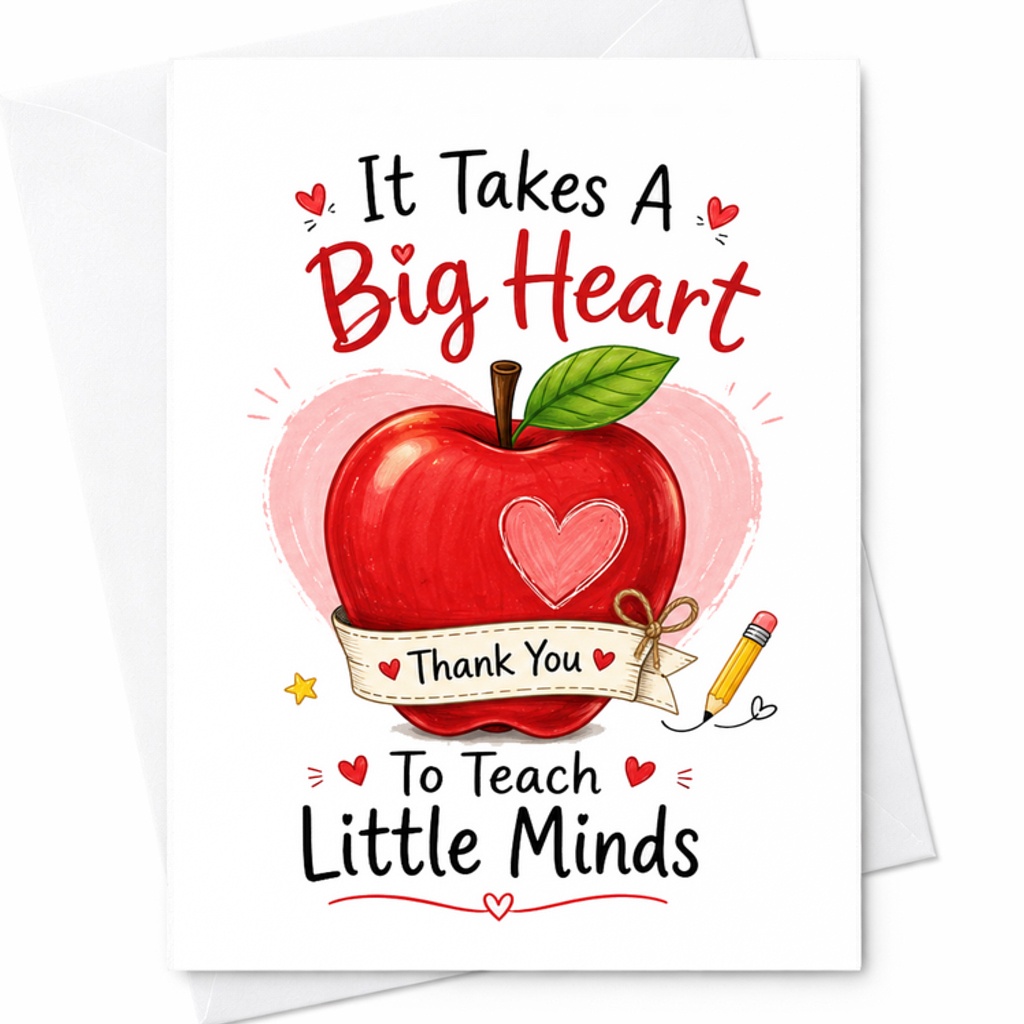 It Takes A Big Heart To Teach Little Minds Cute Teacher Appreciation Thank You Card Gift C1794