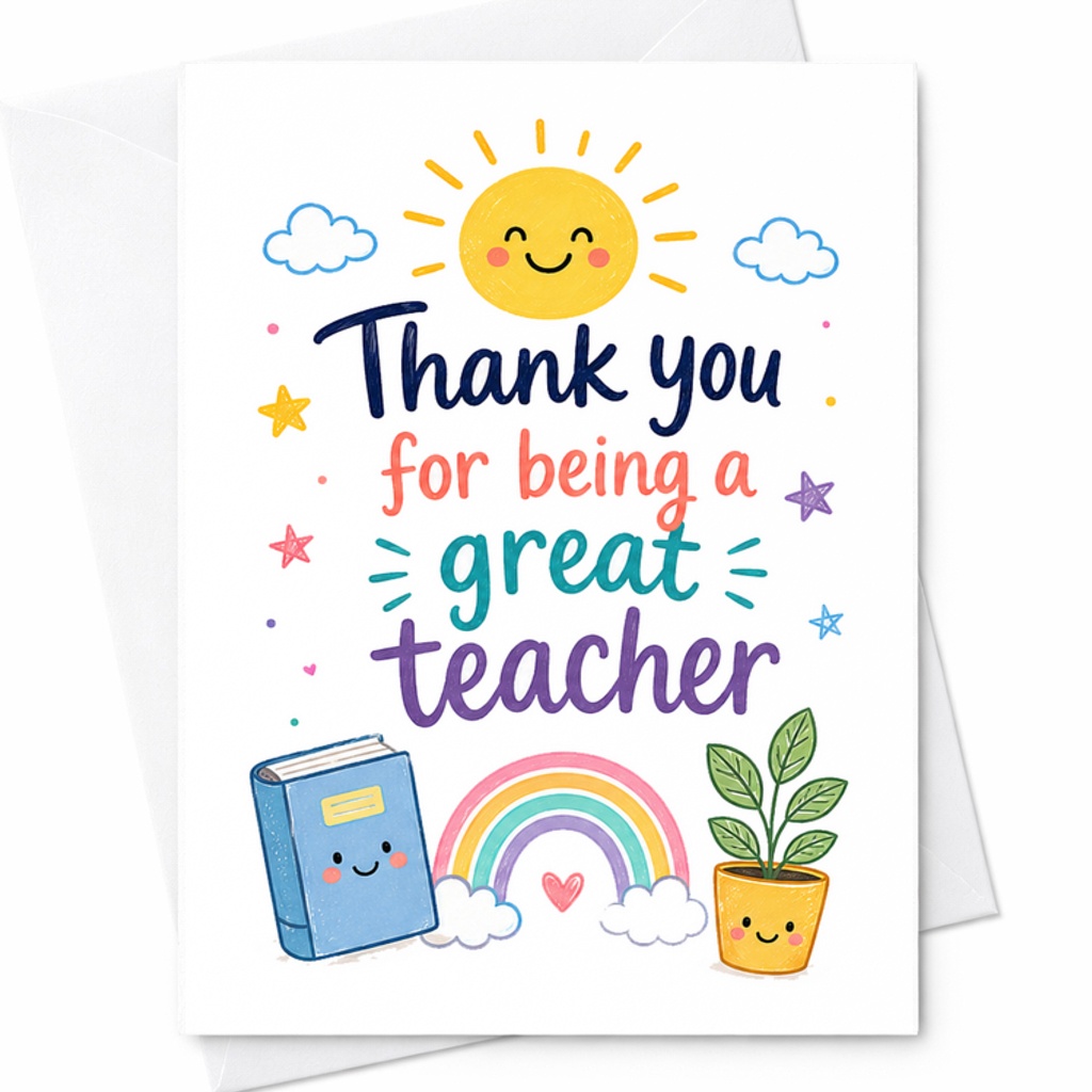 Thank You For Being A Great Teacher Cute Rainbow Appreciation Thank You Card For Teacher C1799
