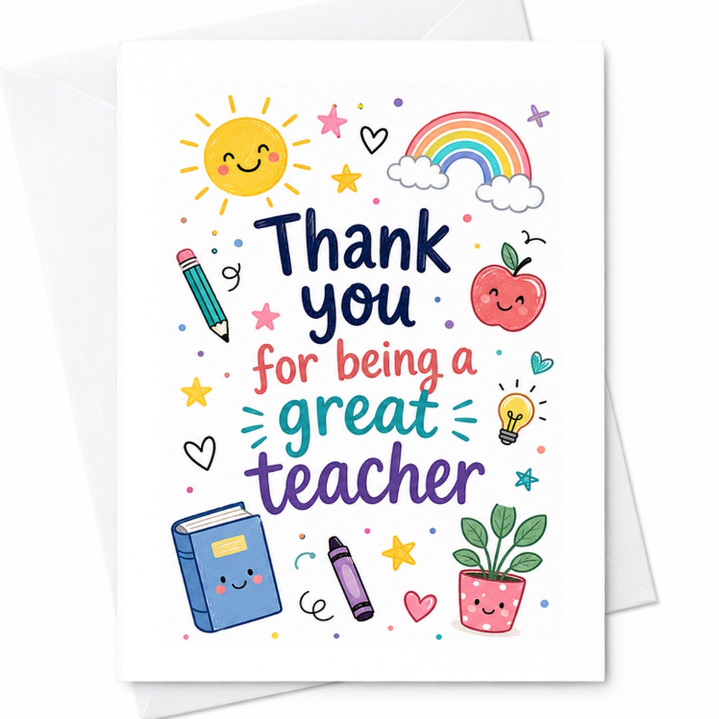 Thank You For Being A Great Teacher Cute Rainbow Appreciation Thank You Card For Teacher Gift C1791