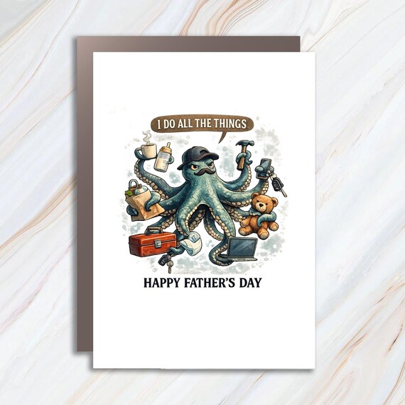 Funny Octopus Father's Day Greeting Card, Dad Birthday Card With Red Octopus Doing All The Things FC112