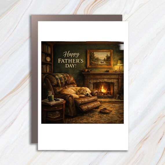 Happy Father's Day Greeting Card With Dog By Fireplace - Cute Father's Day Card FC126