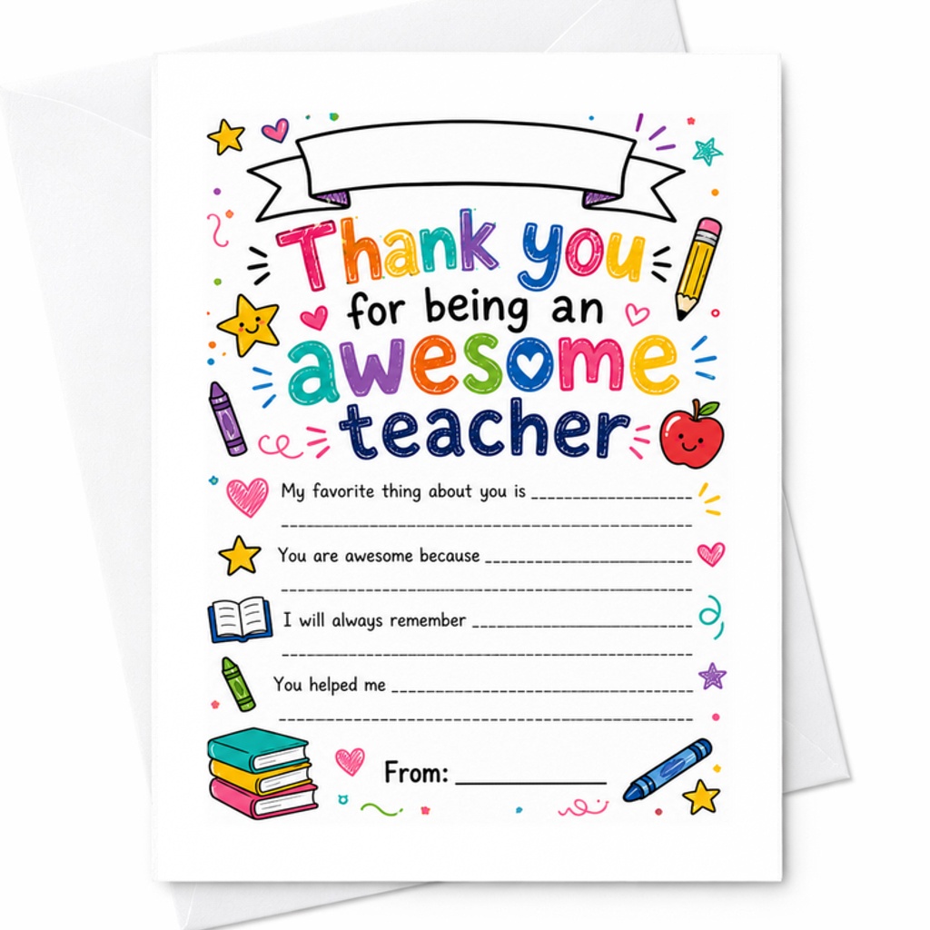 Thank You For Being An Awesome Teacher Fill In Appreciation Worksheet Thank You Card C1805