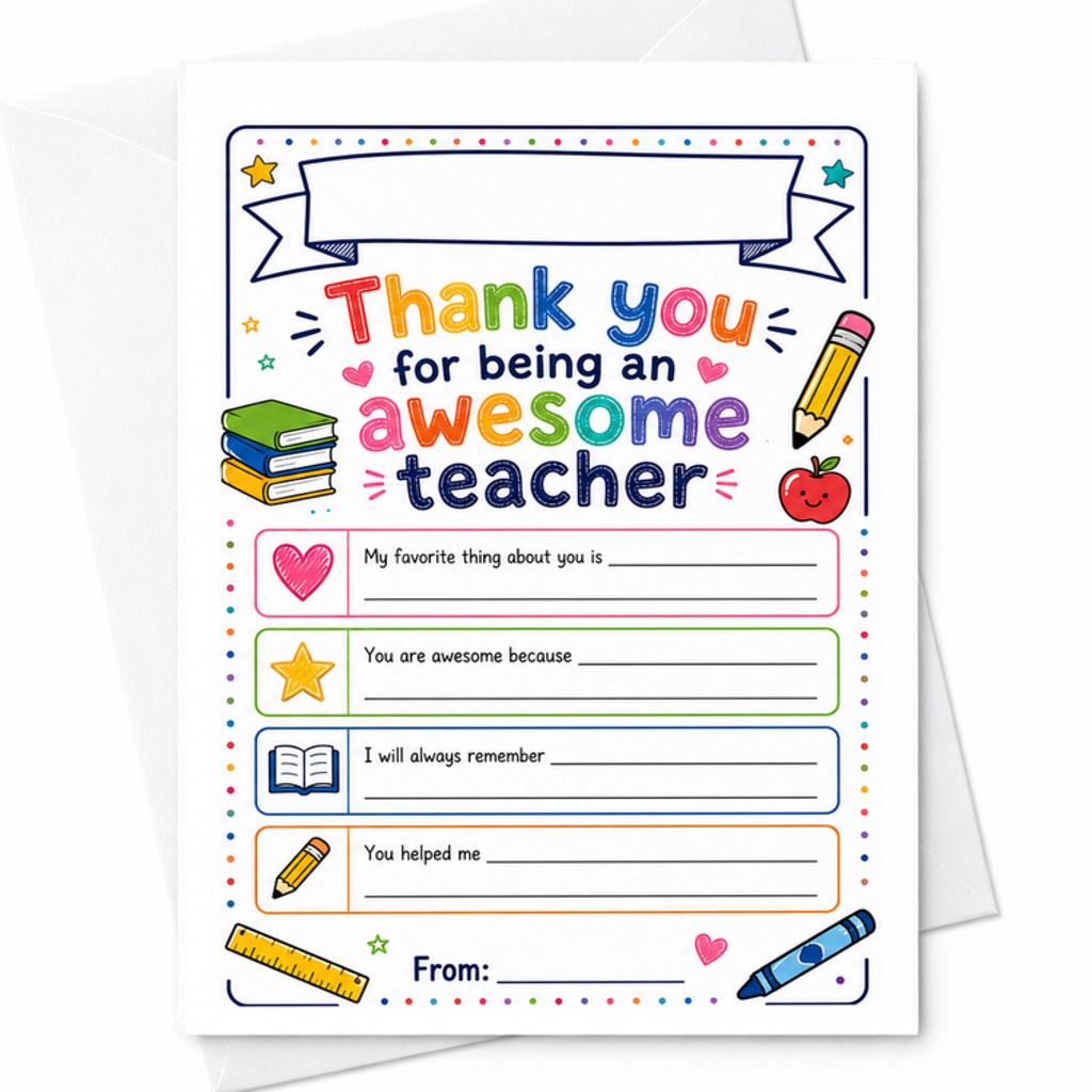 Thank You For Being An Awesome Teacher Fill In Appreciation Worksheet Thank You Card Gift C1806