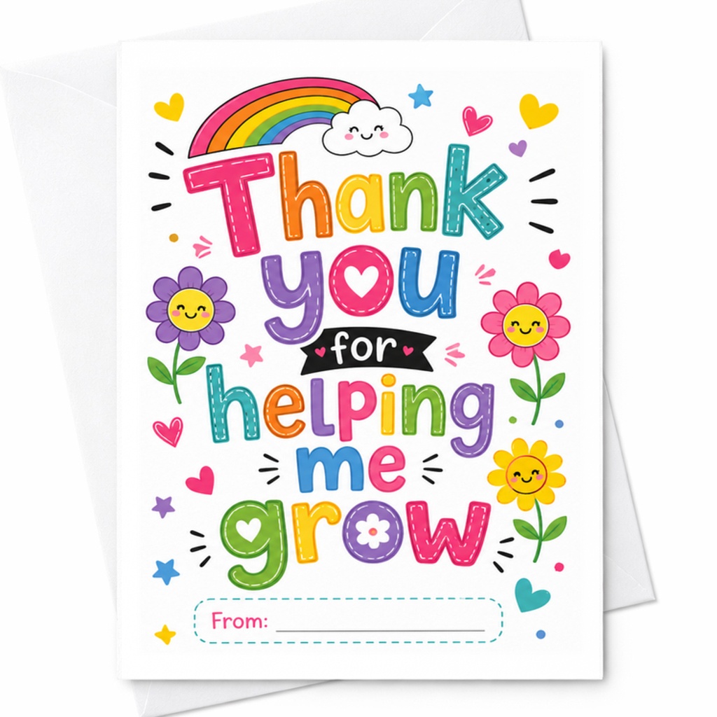 Thank You For Helping Me Grow Colorful Teacher Appreciation Thank You Card Floral C1818