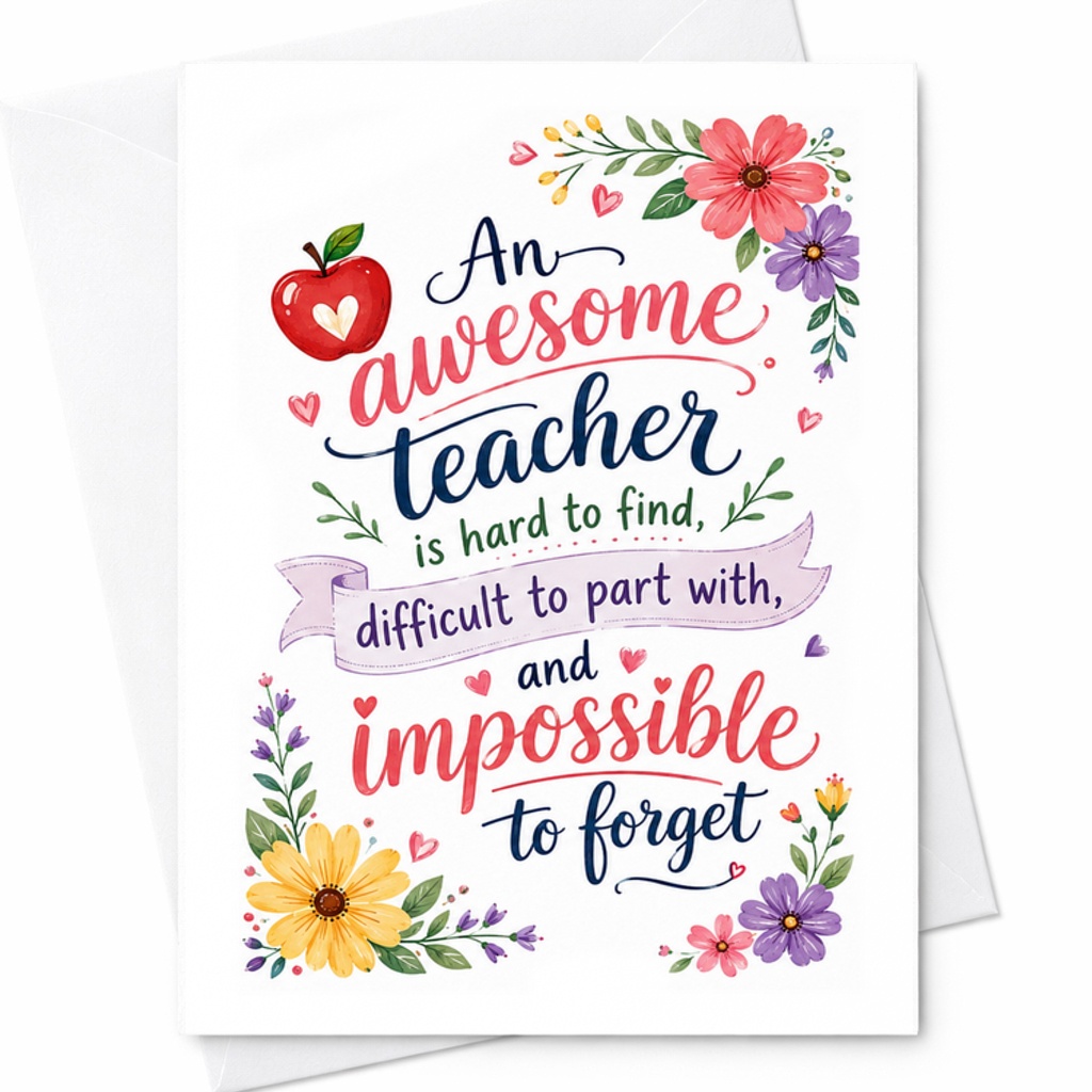 An Awesome Teacher Is Hard To Find Difficult To Part With Impossible To Forget Thank You Teacher Card Gift C1826