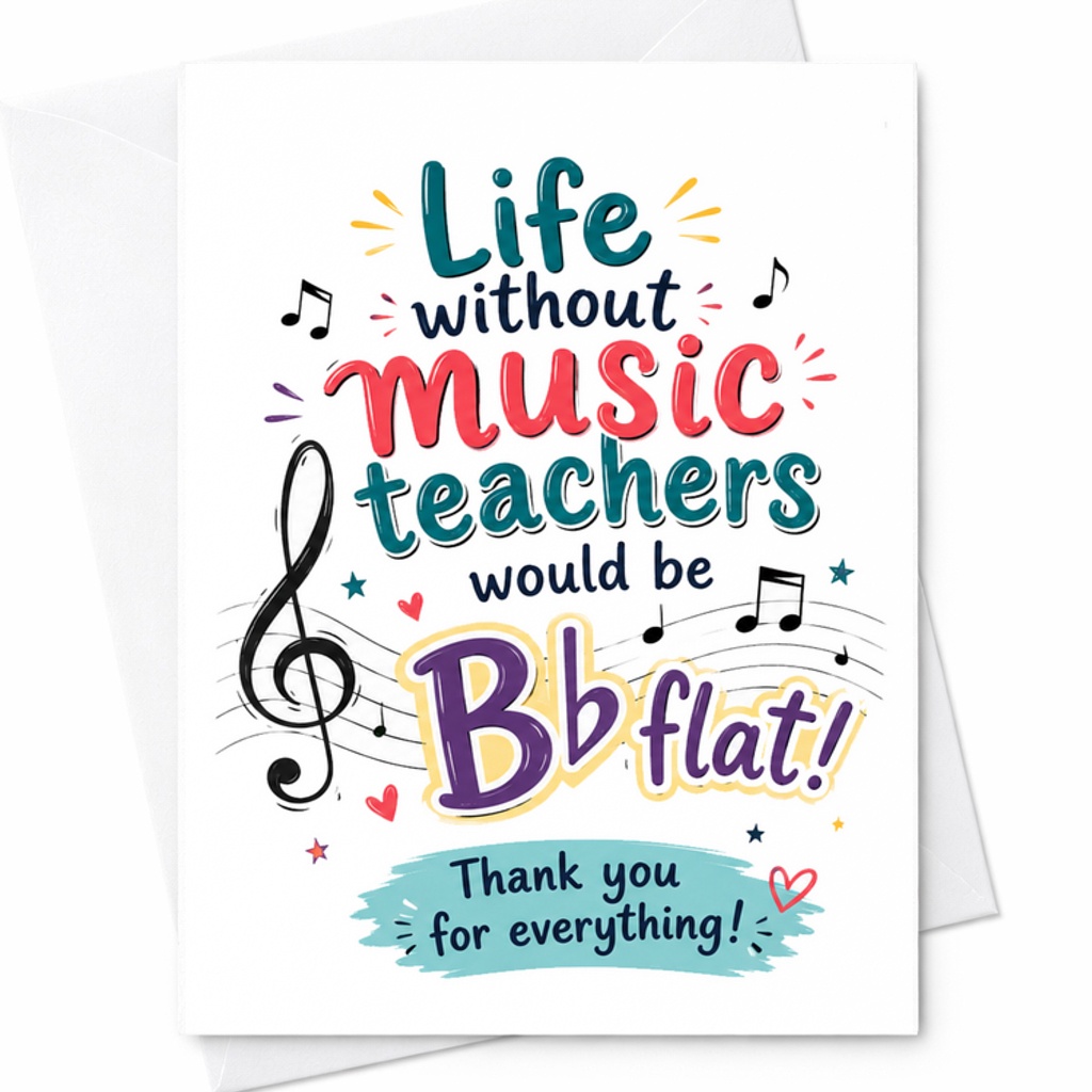 Life Without Music Teachers Would Be Bb Flat Music Teacher Thank You Appreciation Card C1829