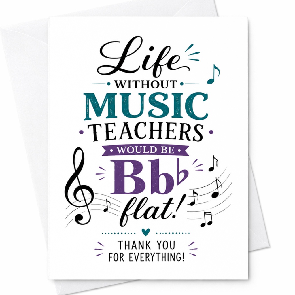 Life Without Music Teachers Would Be Bb Flat Music Teacher Appreciation Thank You Card C1830