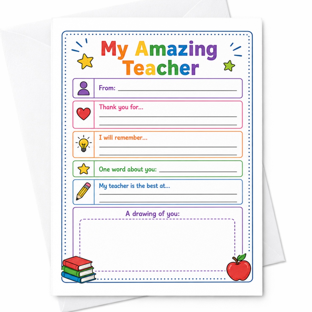 My Amazing Teacher Fill In The Blank Teacher Appreciation Card From Student End Of School Year Gift C1838