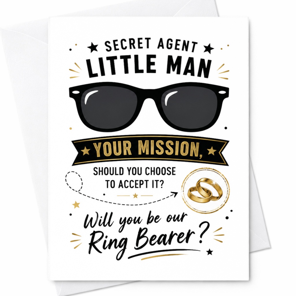 Secret Agent Little Man Ring Bearer Proposal Card Funny Spy Ring Bearer Card Wedding Mission Card C1899