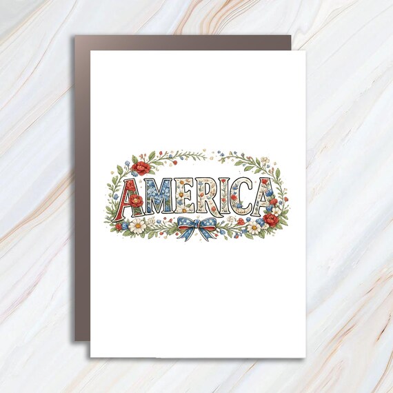 America Floral Patriotic Independence Day Greeting Card Red White Blue USA Card JC3