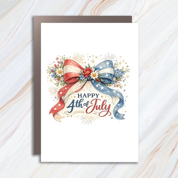 Happy 4th of July Patriotic Ribbon Floral Independence Day Greeting Card JC1