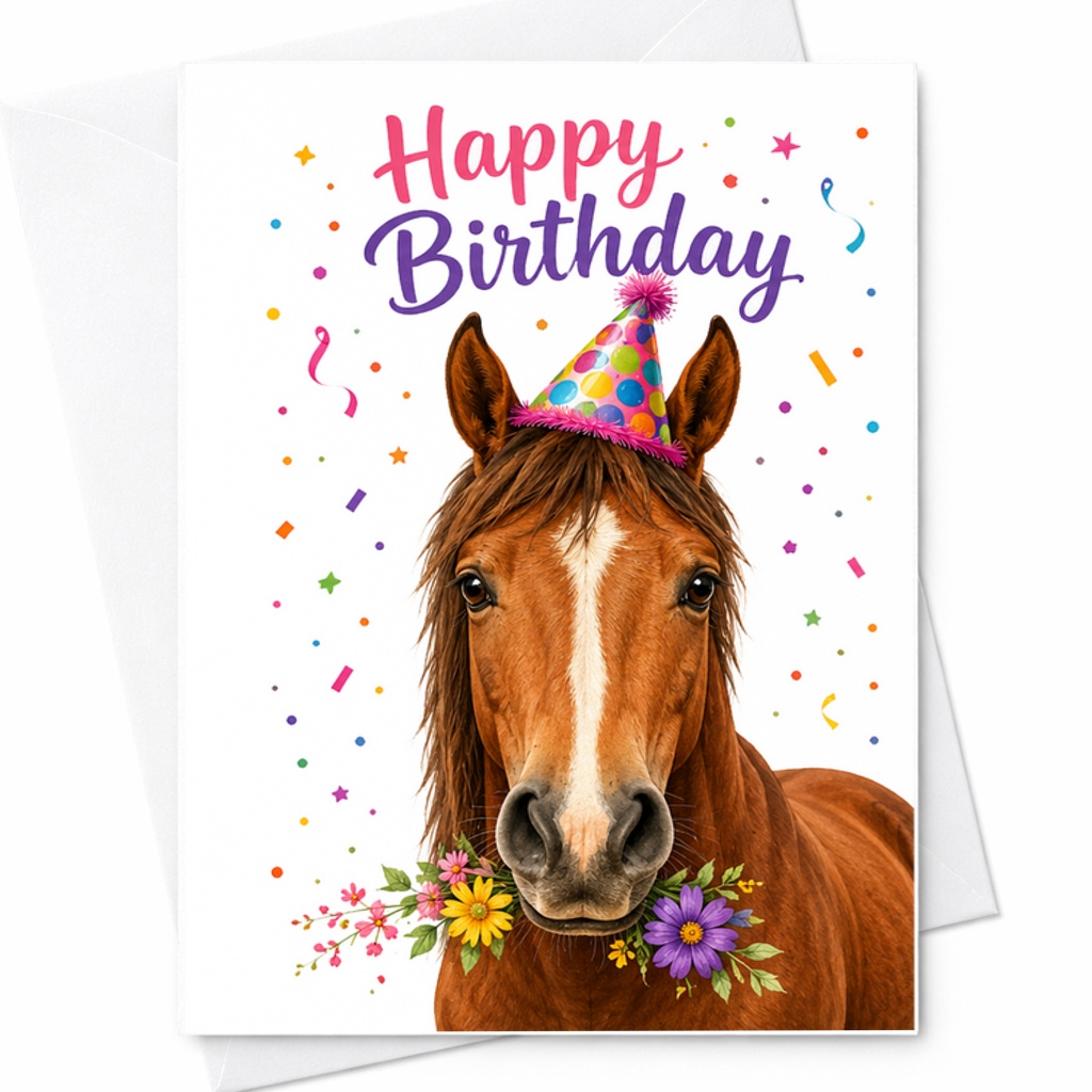Happy Birthday Horse Card Funny Horse Lover Birthday Card Horse With Party Hat Animal Birthday Greeting C1917