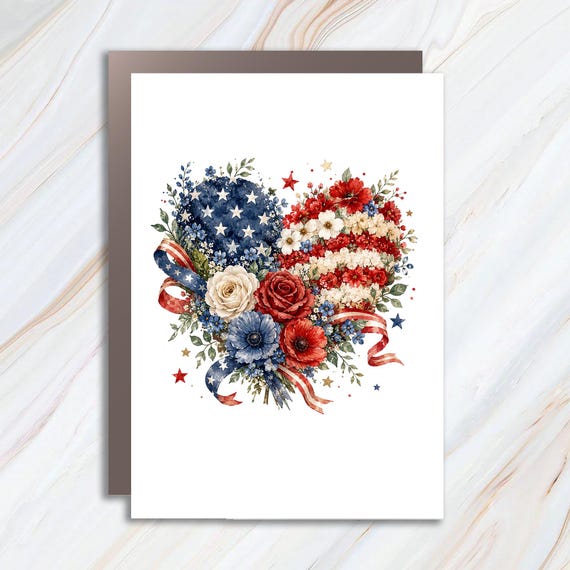 Patriotic American Flag Heart Floral Independence Day Greeting Card JC6