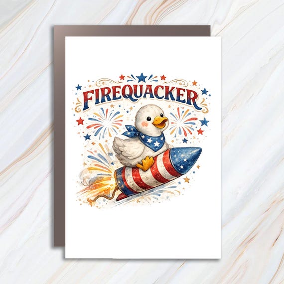 Firequacker Funny Patriotic Duck Riding Firework Independence Day Card JC9