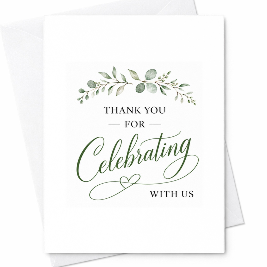 Thank You For Celebrating With Us Card, Wedding Guest Thank You Card, Greenery Wedding Thank You, Reception Favor Card C1977