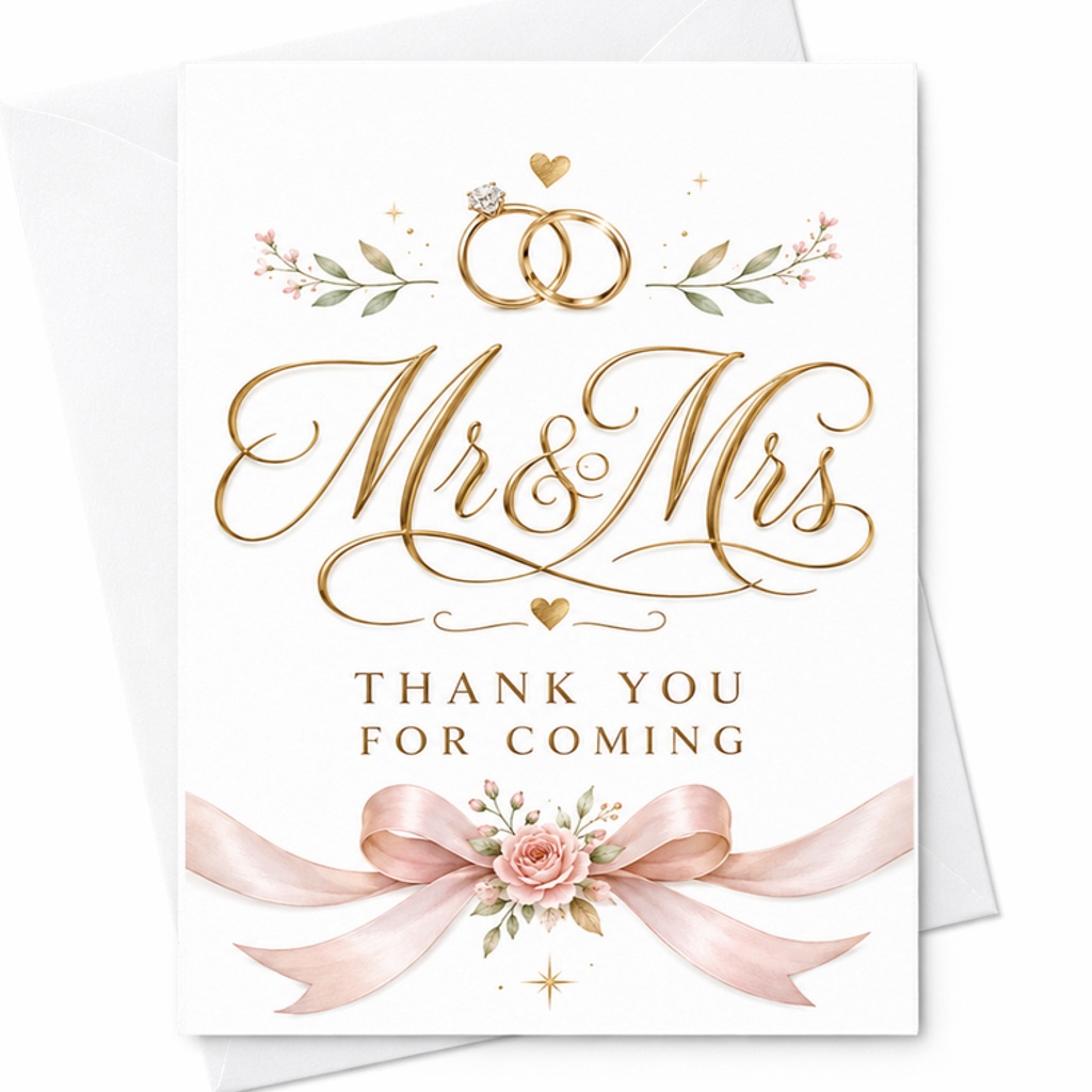 Mr & Mrs Thank You For Coming Wedding Favor Card, Wedding Reception Thank You For Guests And Family C2044