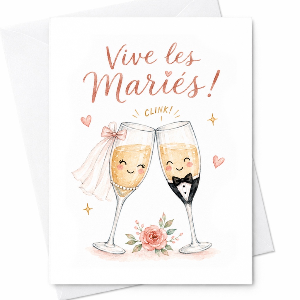Vive Les Mariés Funny Wedding Card, Champagne Toast Wedding Congratulations For Newlyweds And Bride Groom C2047