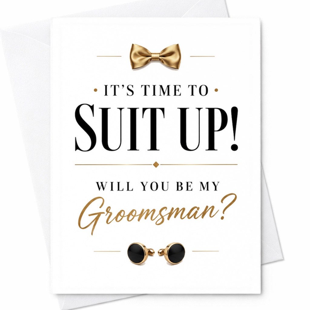 It's Time to Suit Up Will You Be My Groomsman Proposal Card Wedding Invitation for Best Man Stylish Elegant Design C2072