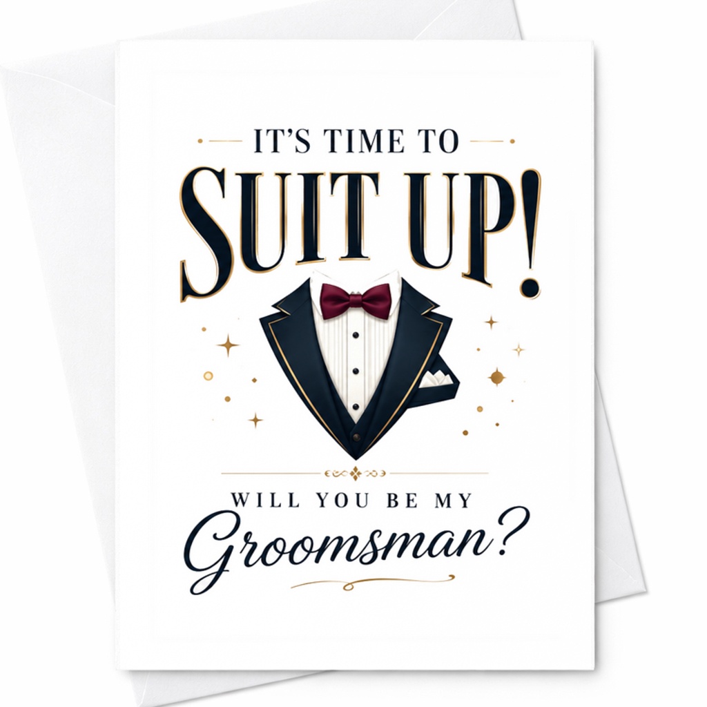 It's Time To Suit Up! Will You Be My Groomsman? Wedding Proposal Card for Groomsman Invitation Stylish Suit Design C2075