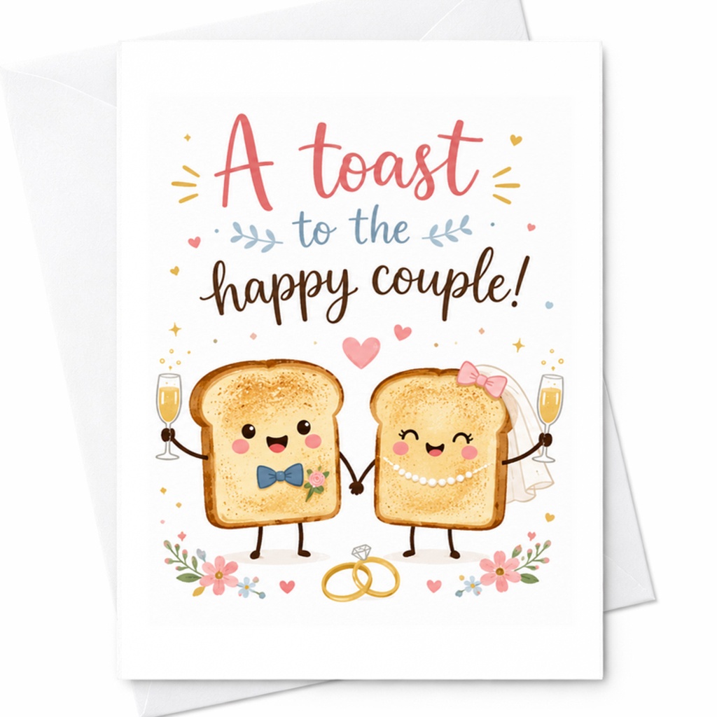A Toast To The Happy Couple Wedding Card Cute Whimsical Toasting Bread Illustration For Newlyweds Romantic Celebration C2080