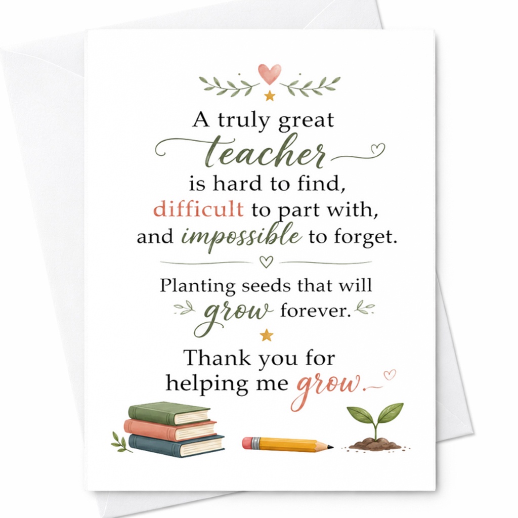 A Truly Great Teacher Is Hard To Find Thank You Card Teacher Appreciation Planting Seeds Grow Forever Gratitude Card C2101