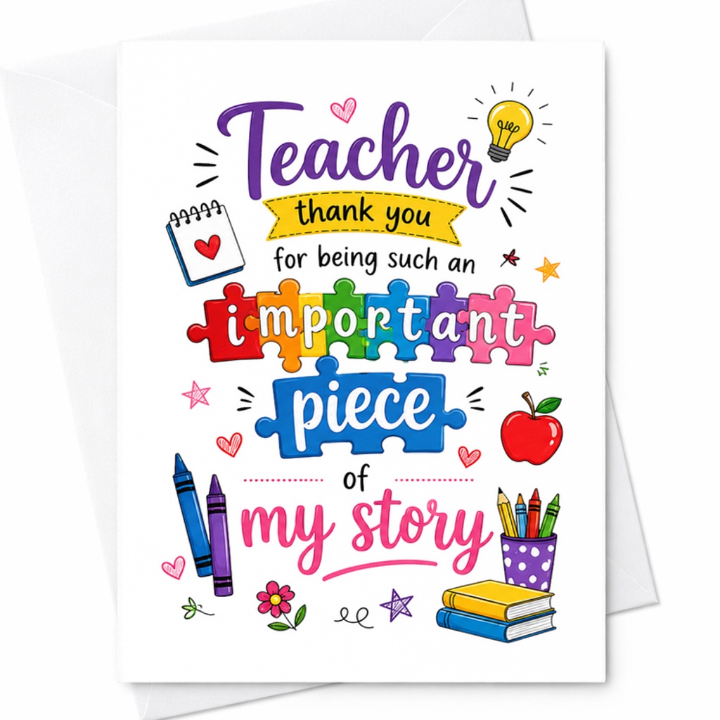 Teacher Thank You For Being Such An Important Piece Of My Story Card Appreciation Card For Teacher Cute Colorful Design C2109