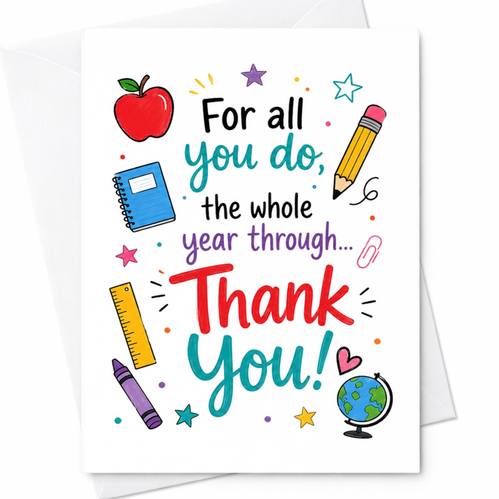 For All You Do The Whole Year Through Thank You Teacher Appreciation Card Cute Year-End School Card With Envelope C2110