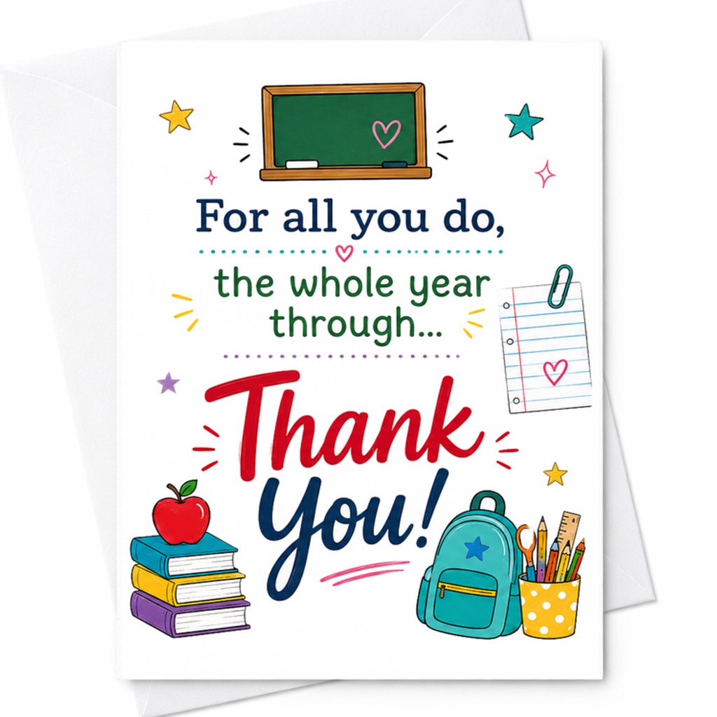 For All You Do The Whole Year Through Thank You Card Teacher Appreciation School Supplies Cute Classroom Gift C2111