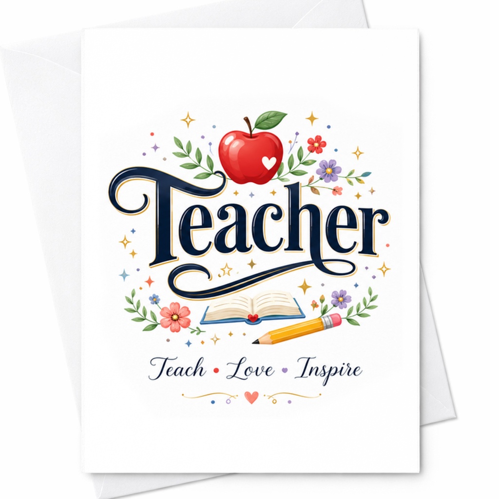 Teacher Teach Love Inspire Card Thank You Card For Teacher Appreciation Day Cute Floral Design With Apple And Pencil C2132