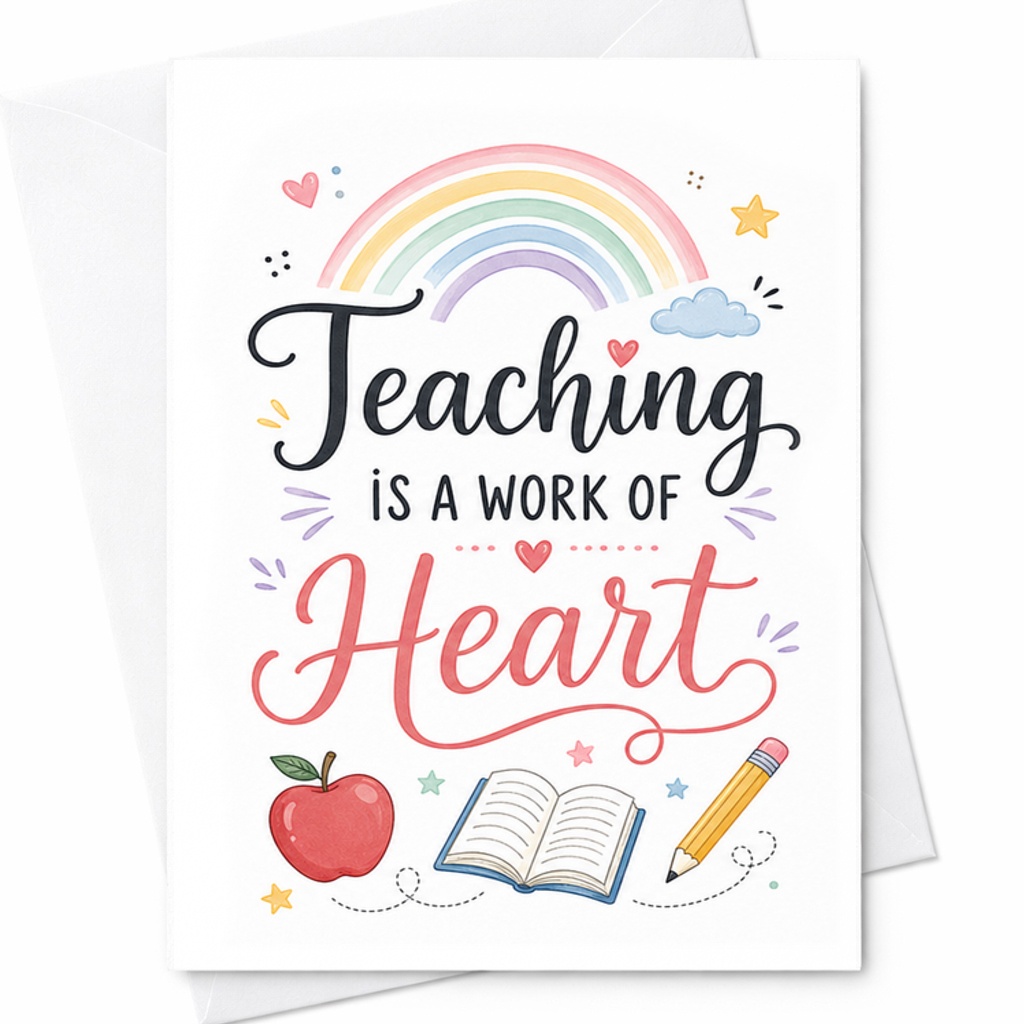 Teaching Is A Work Of Heart Teacher Appreciation Card Cute Thank You Card For Teachers With Rainbow Apple Pencil Design C2144