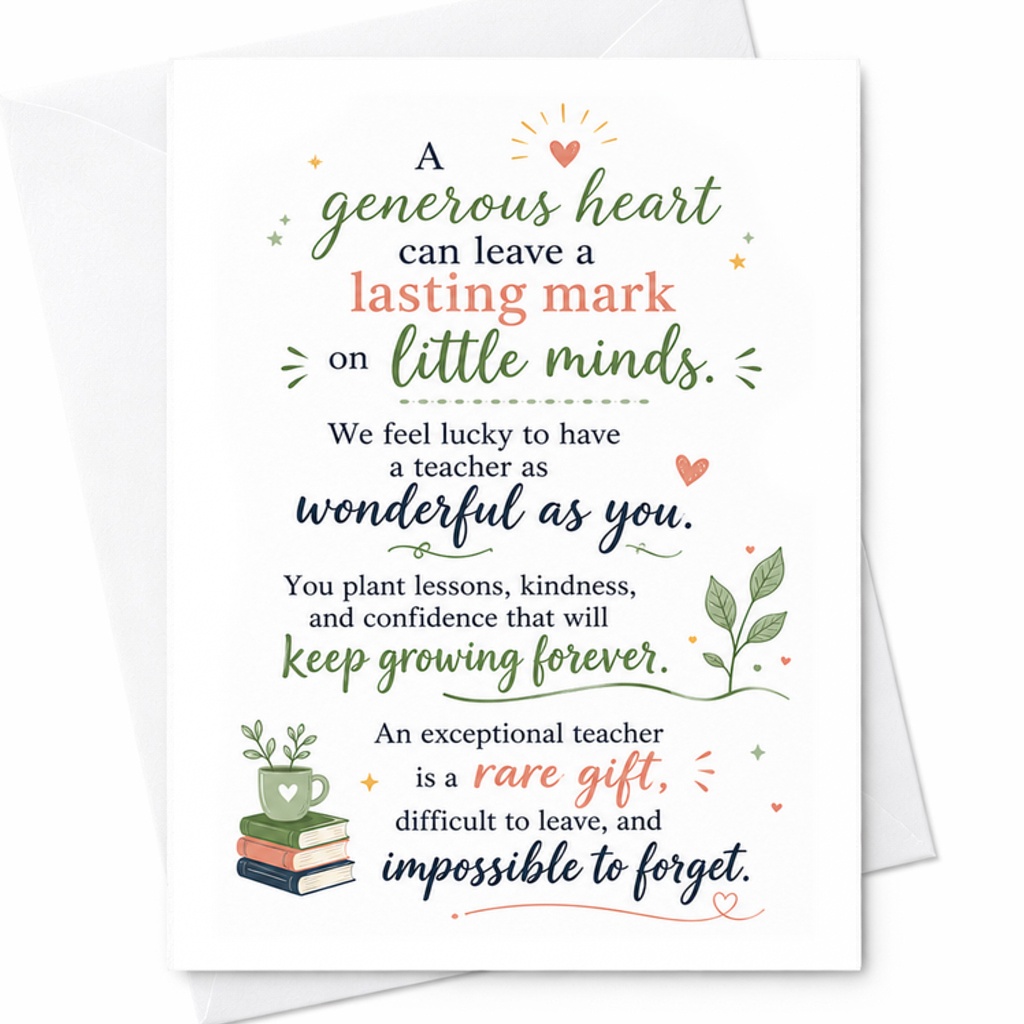 A Generous Heart Can Leave A Lasting Mark On Little Minds Teacher Appreciation Card Thank You Gift For Wonderful Teachers C2141