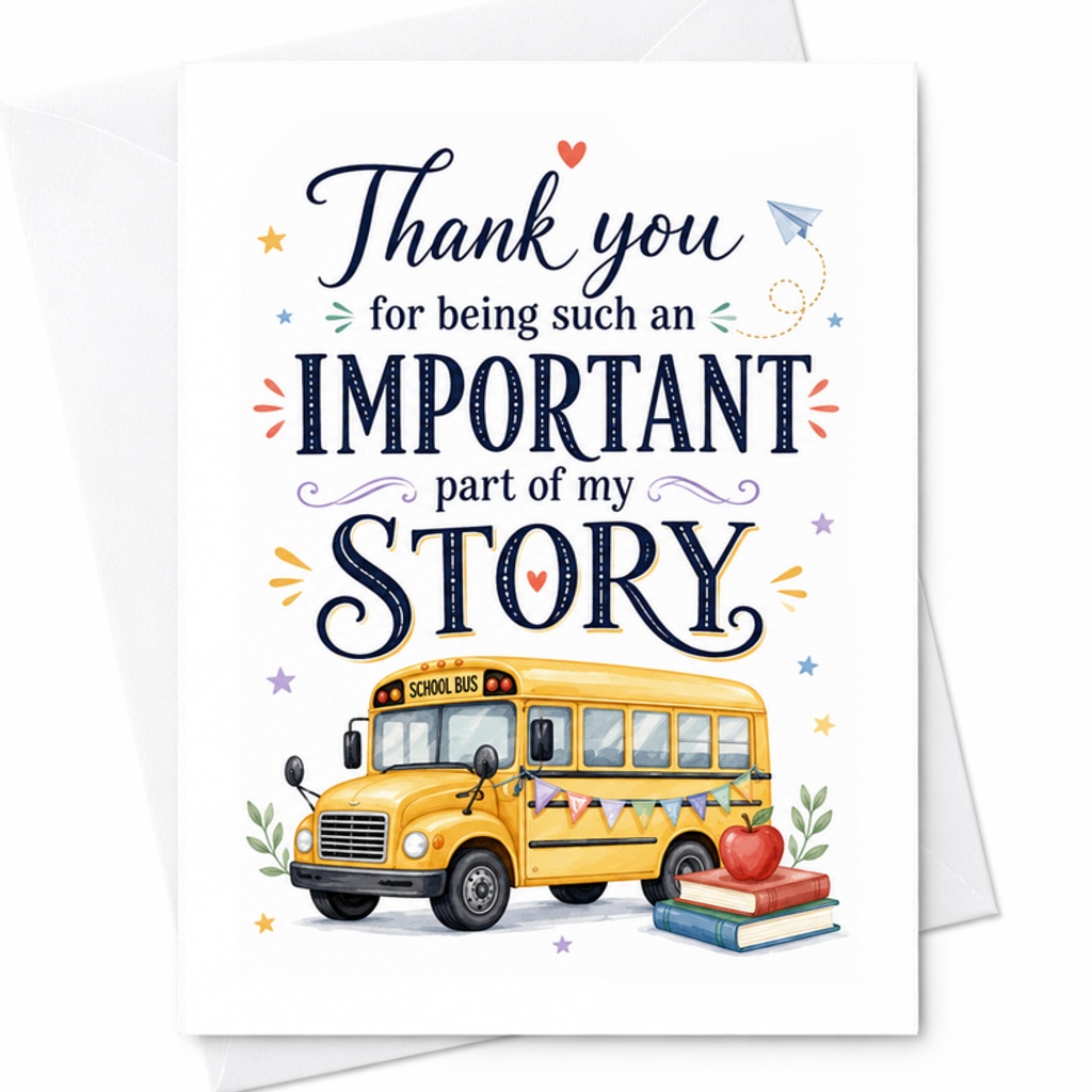 Thank You For Being Such An Important Part Of My Story Card Teacher Appreciation School Bus Design Cute Thank You Card C2147