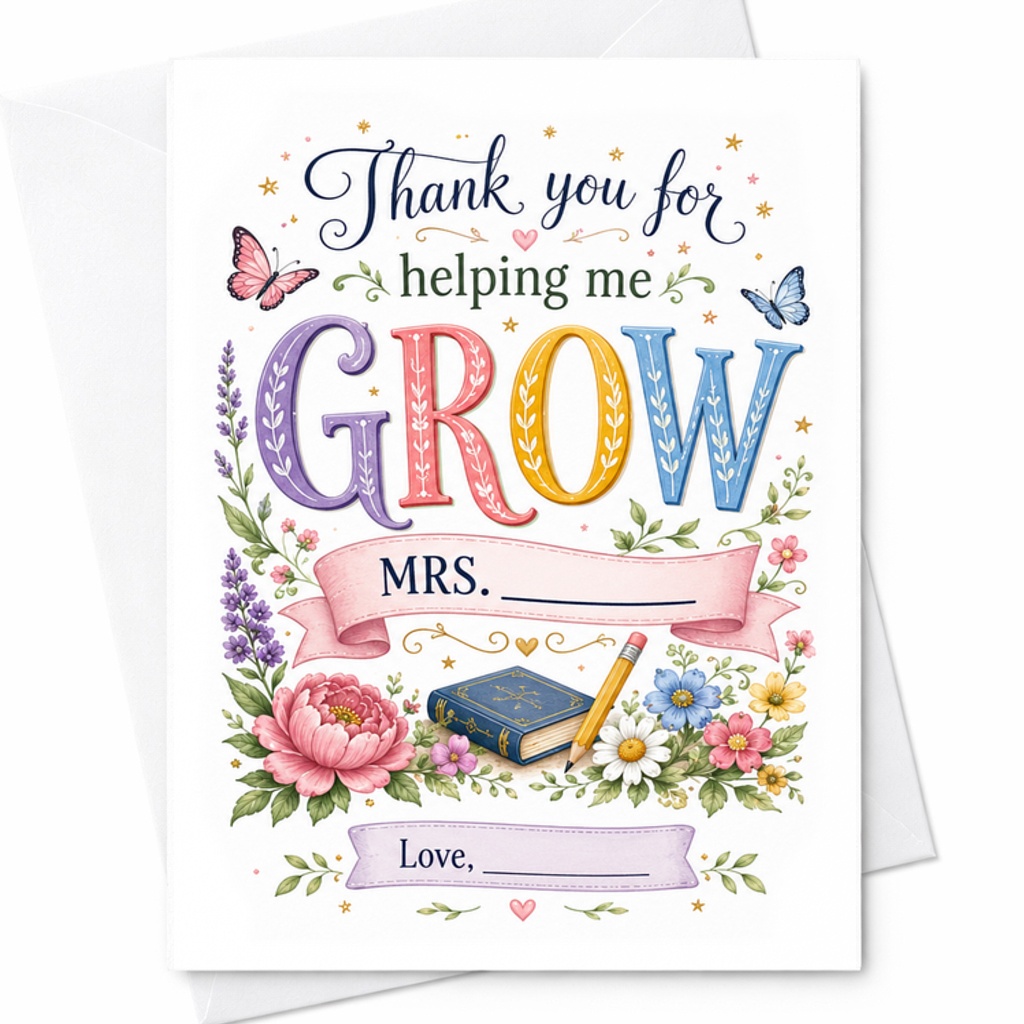 Thank You For Helping Me Grow Teacher Appreciation Card Floral Design For Mrs. Customizable End Of School Year Gift C2152