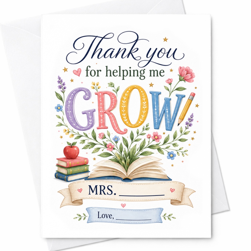 Thank You For Helping Me Grow Teacher Appreciation Card Cute Floral Design Personalized Gift For Mrs. Teacher From Student C2153