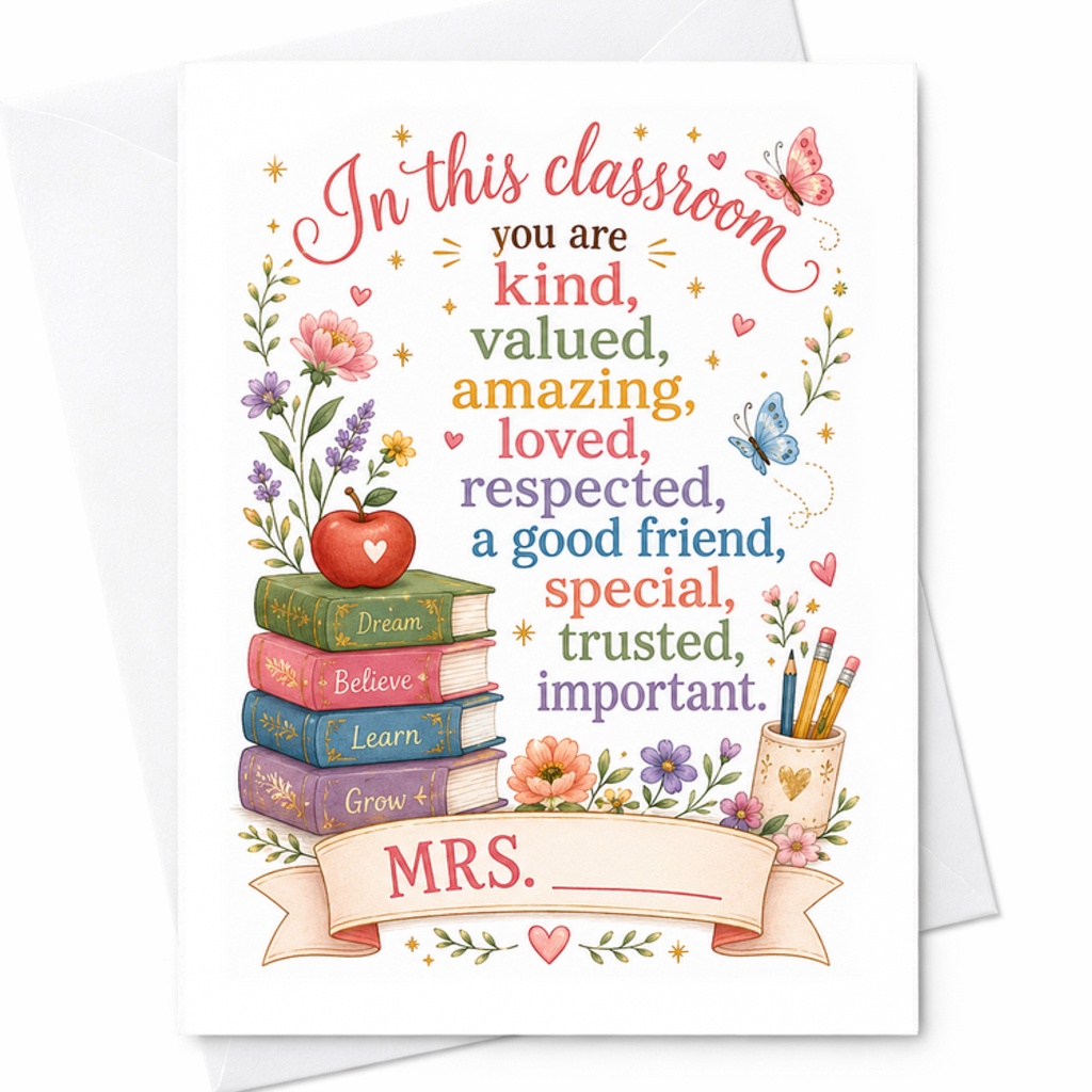 In This Classroom You Are Kind Valued Amazing Loved Teacher Appreciation Card Classroom Decor Back To School Gift C2158