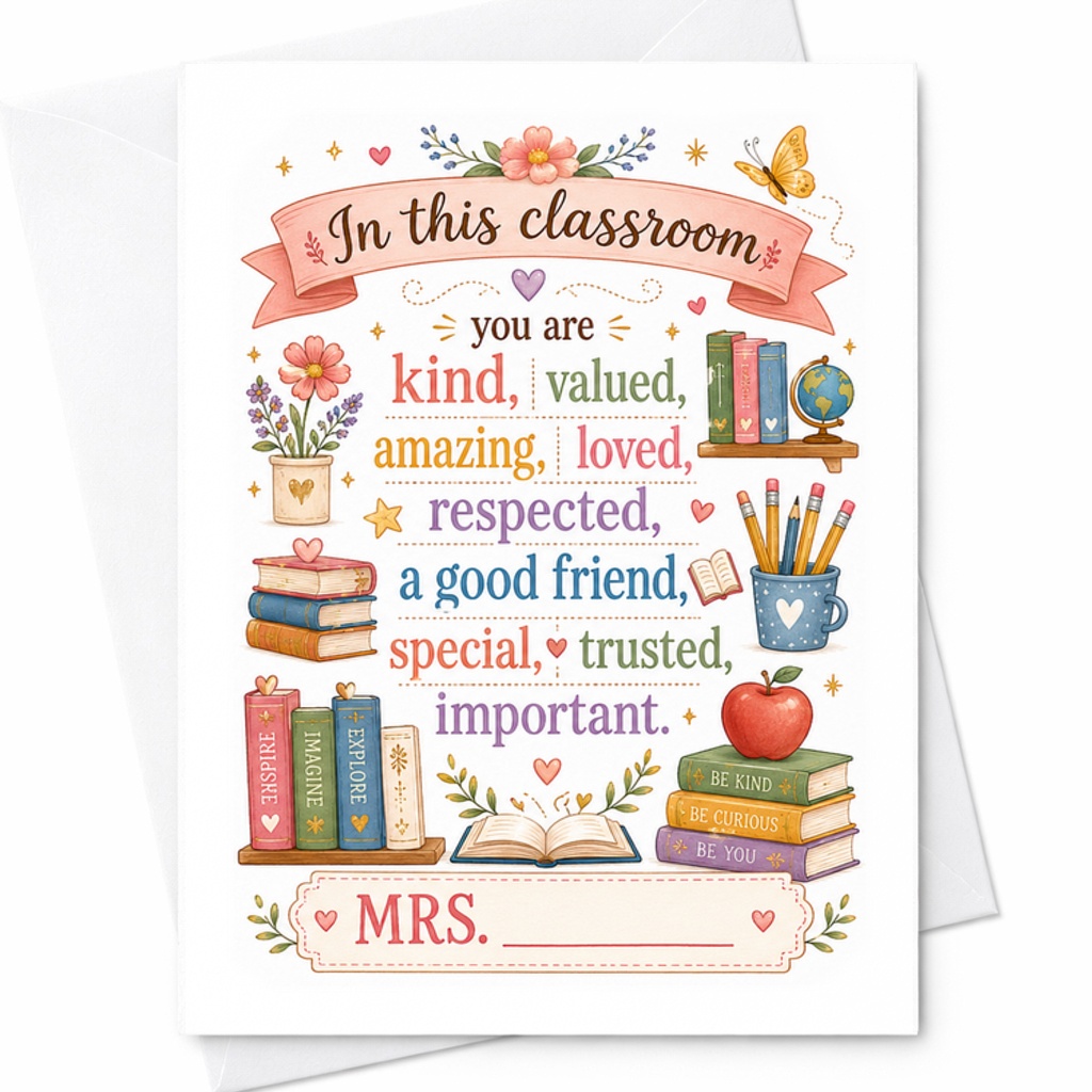 In This Classroom You Are Kind Valued Teacher Appreciation Card Thank You Gift For Mrs. Educator Inspirational Classroom Decor C2159